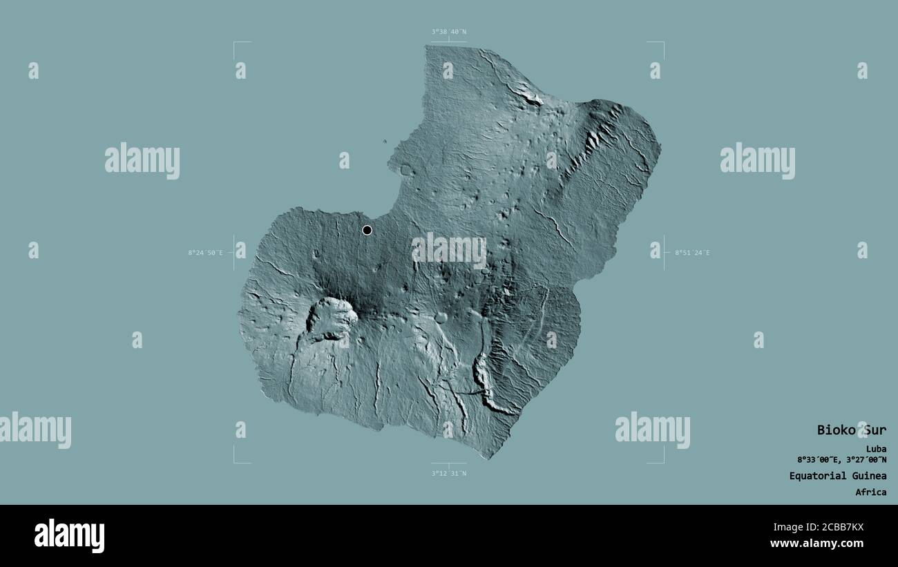 Area of Bioko Sur, province of Equatorial Guinea, isolated on a solid background in a georeferenced bounding box. Labels. Colored elevation map. 3D re Stock Photo