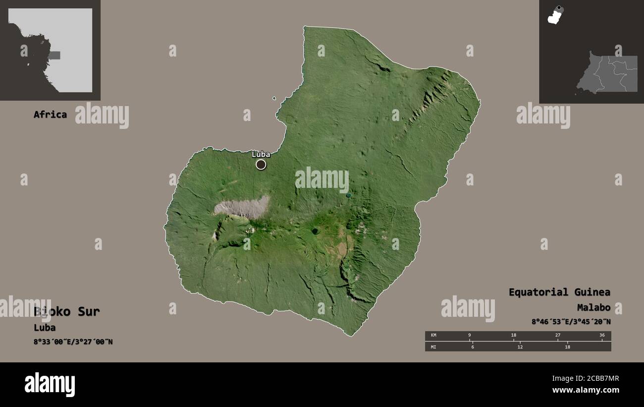 Shape of Bioko Sur, province of Equatorial Guinea, and its capital. Distance scale, previews and labels. Satellite imagery. 3D rendering Stock Photo
