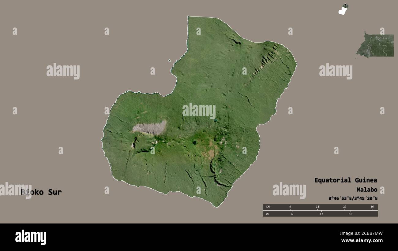 Shape of Bioko Sur, province of Equatorial Guinea, with its capital isolated on solid background. Distance scale, region preview and labels. Satellite Stock Photo