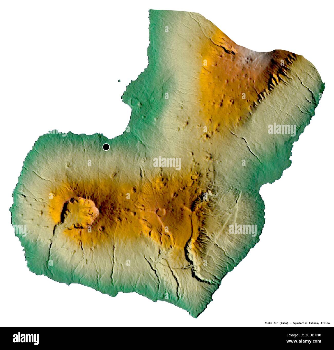 Shape of Bioko Sur, province of Equatorial Guinea, with its capital isolated on white background. Topographic relief map. 3D rendering Stock Photo