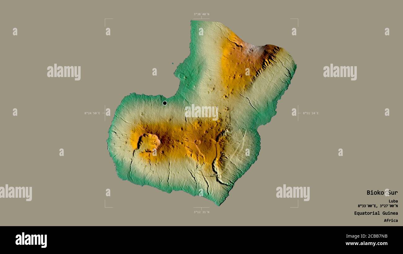 Area of Bioko Sur, province of Equatorial Guinea, isolated on a solid background in a georeferenced bounding box. Labels. Topographic relief map. 3D r Stock Photo