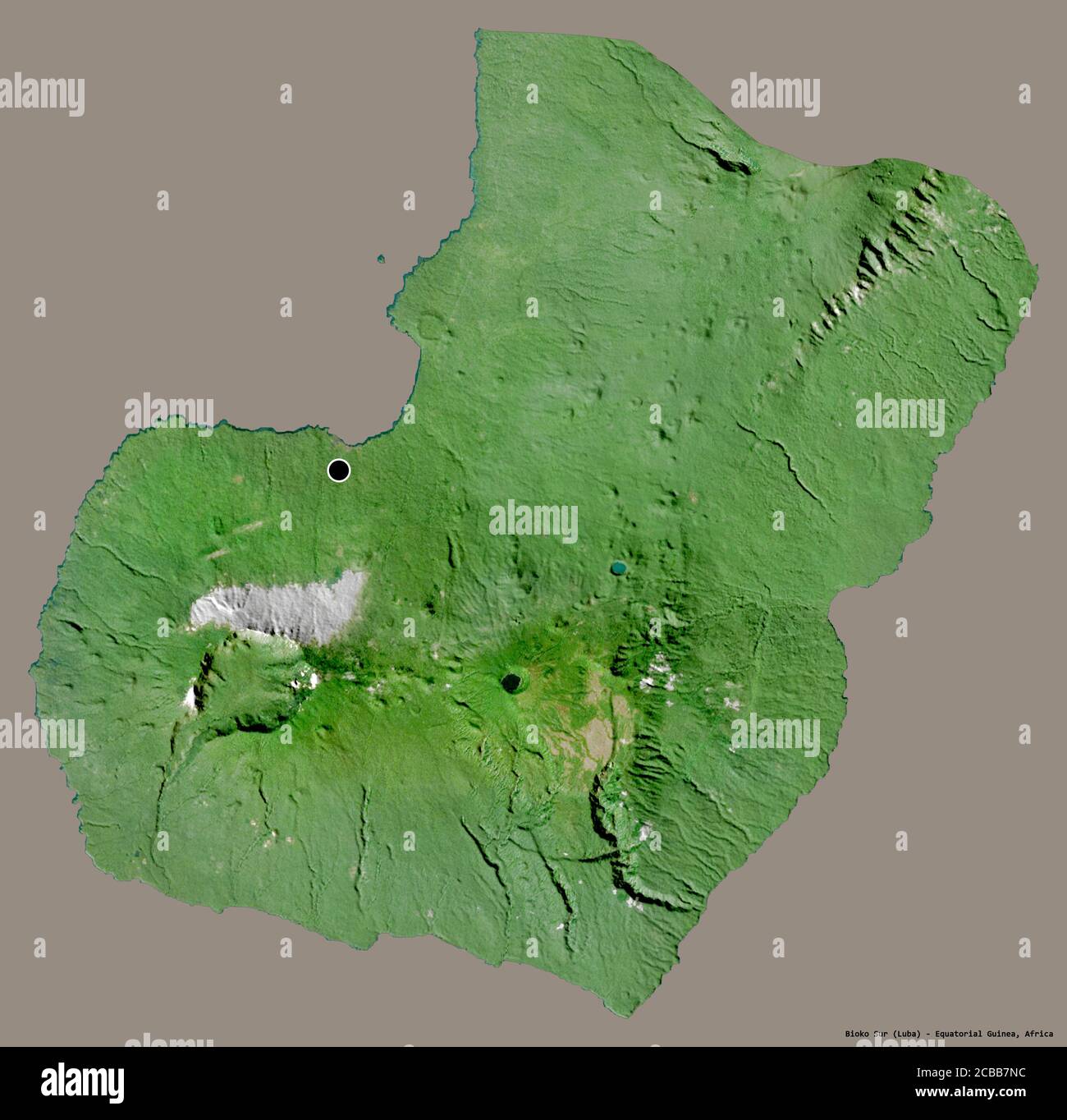 Shape of Bioko Sur, province of Equatorial Guinea, with its capital isolated on a solid color background. Satellite imagery. 3D rendering Stock Photo