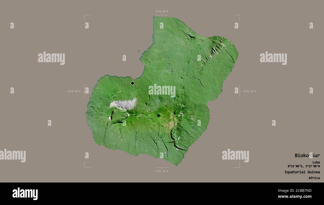 Area of Bioko Sur, province of Equatorial Guinea, isolated on a solid background in a georeferenced bounding box. Labels. Satellite imagery. 3D render Stock Photo