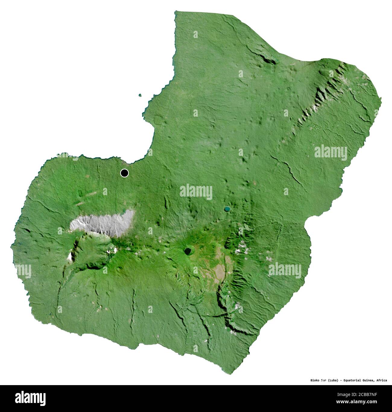 Shape of Bioko Sur, province of Equatorial Guinea, with its capital isolated on white background. Satellite imagery. 3D rendering Stock Photo
