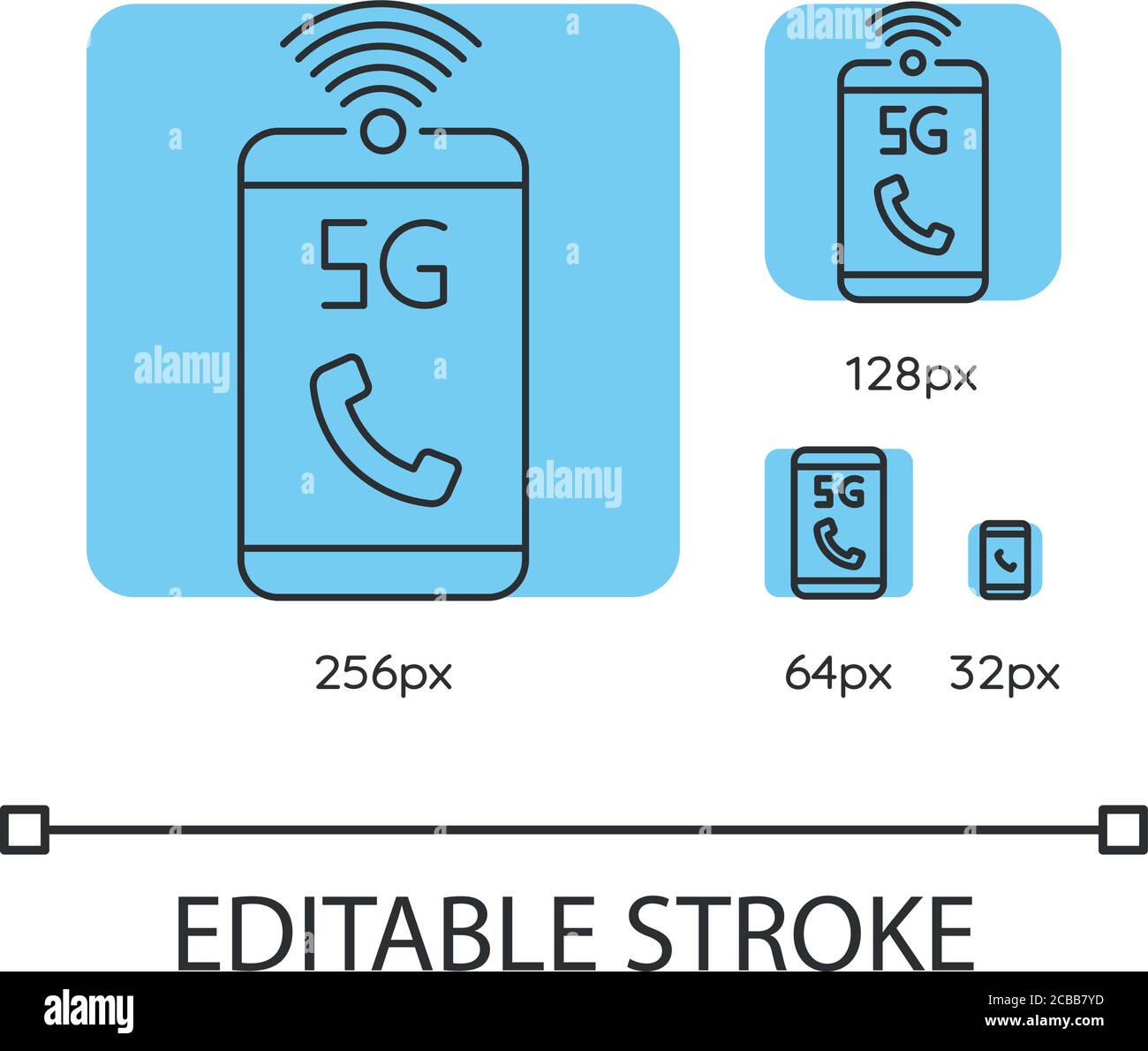 5G mobile network blue linear icons set. Improved standard for phone calls. Wireless technology. Thin line customizable 256, 128, 64 and 32 px vector Stock Vector