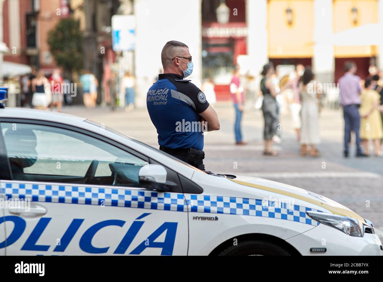 Madrid, Spain - August 8, 2020: Municipal police patrols during the Covid-19 pandemic Stock Photo