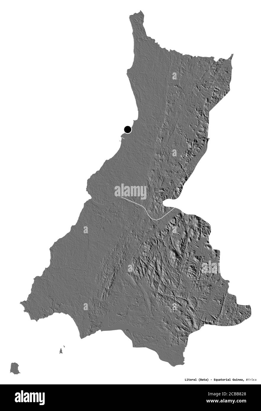 Shape of Litoral, province of Equatorial Guinea, with its capital isolated on white background. Bilevel elevation map. 3D rendering Stock Photo