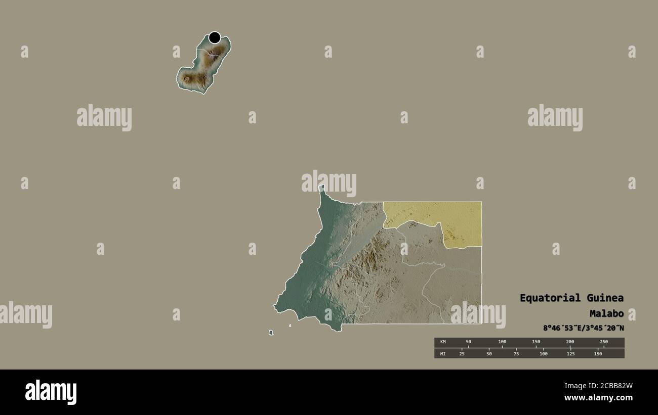 Desaturated shape of Equatorial Guinea with its capital, main regional division and the separated Kié-Ntem area. Labels. Topographic relief map. 3D re Stock Photo