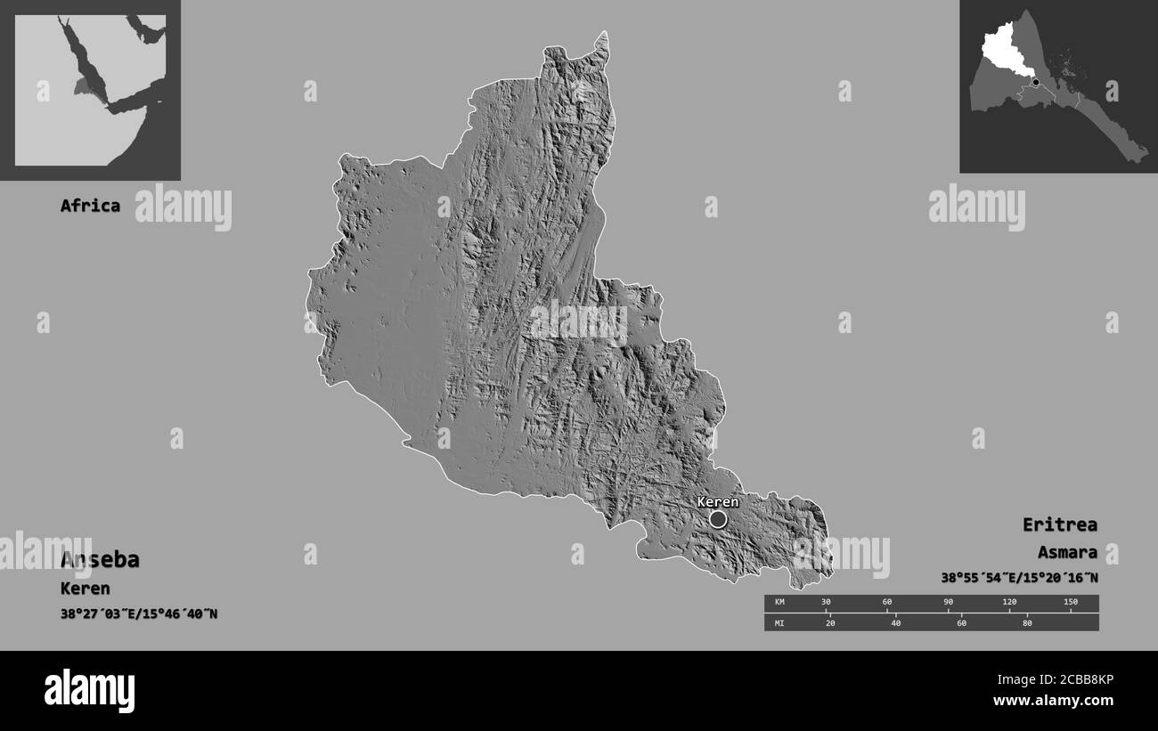 Shape of Anseba, region of Eritrea, and its capital. Distance scale ...