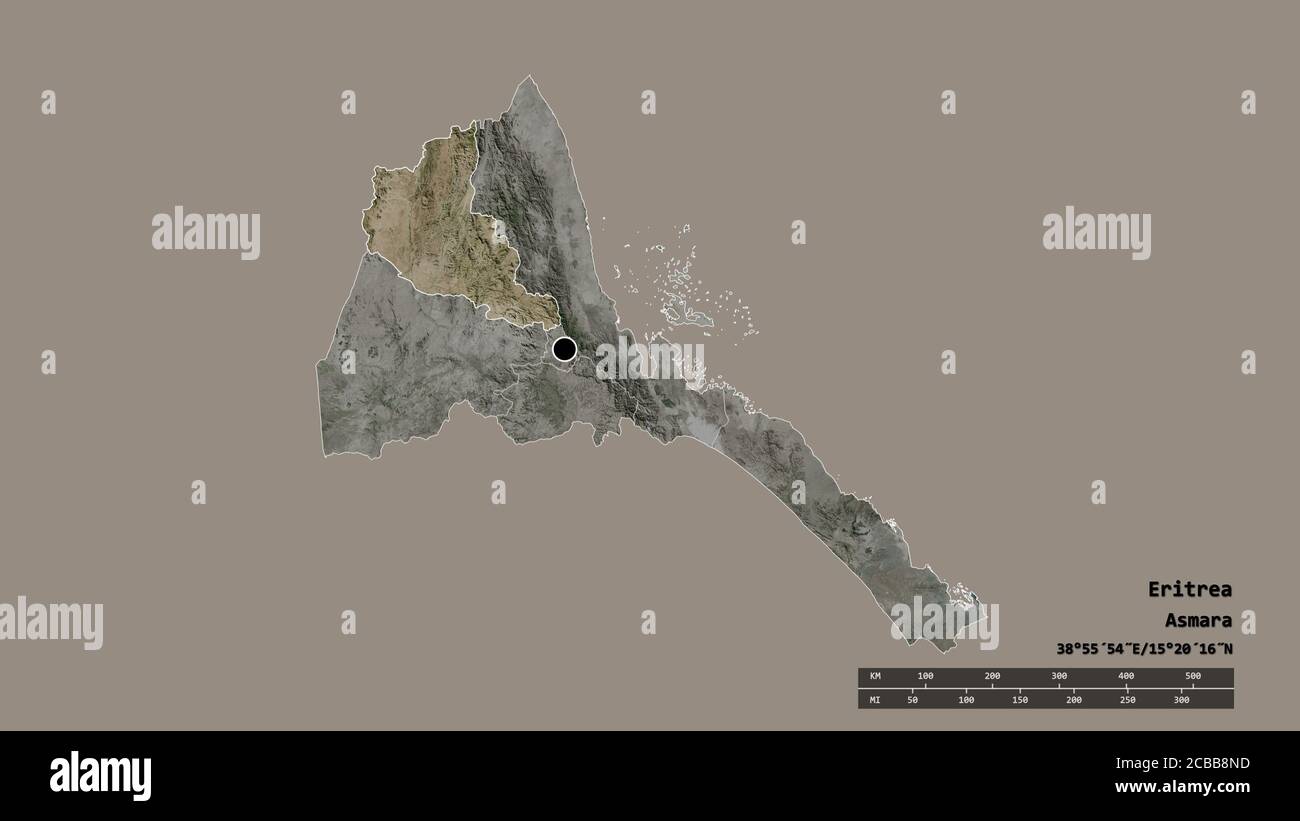 Desaturated shape of Eritrea with its capital, main regional division ...
