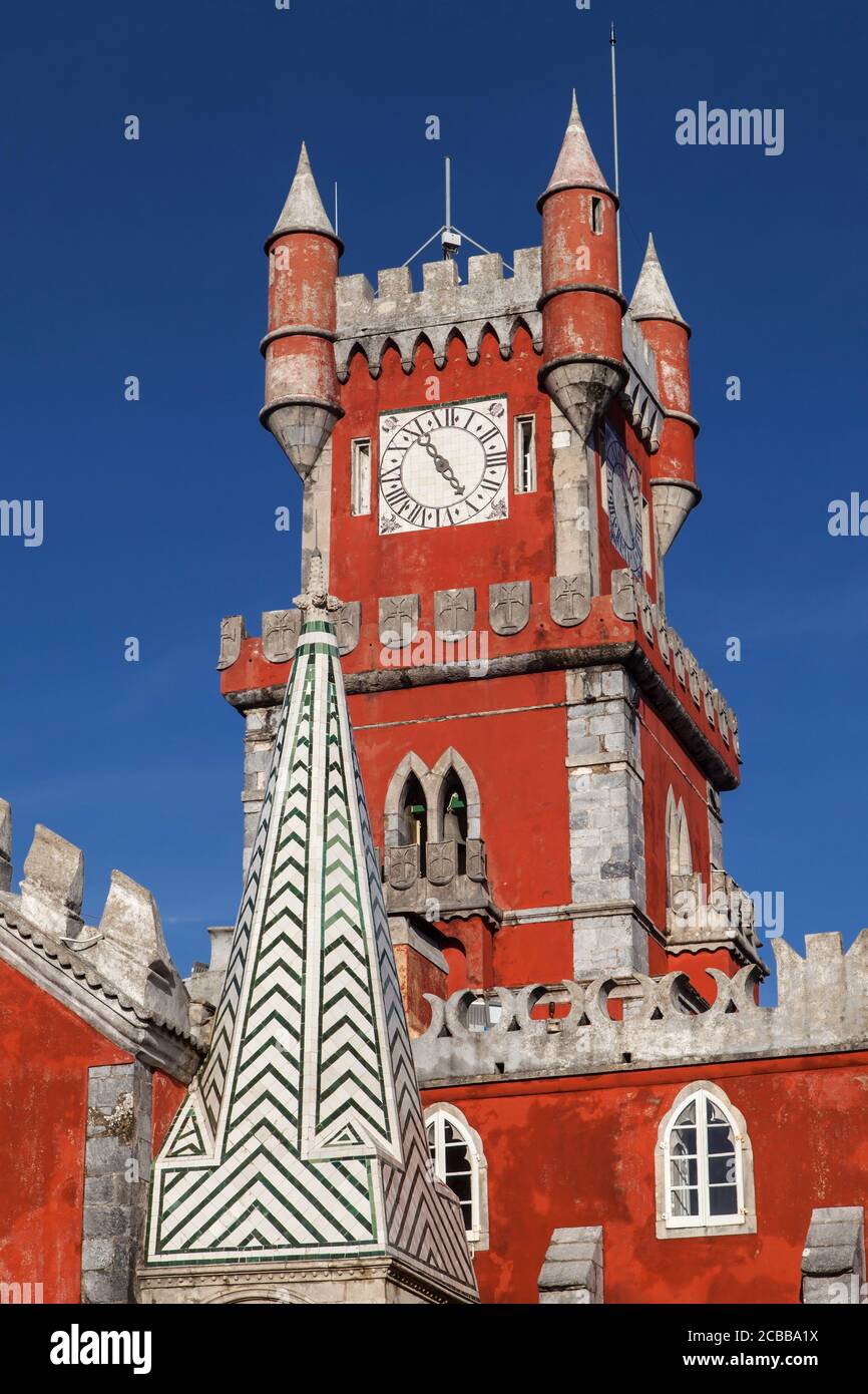 Clock Tower of Pena Palace in Sintra, Portugal. Stock Photo