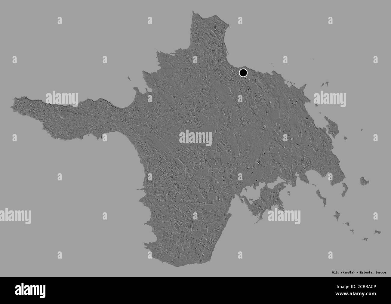 Shape of Hiiu, county of Estonia, with its capital isolated on a solid color background. Bilevel elevation map. 3D rendering Stock Photo