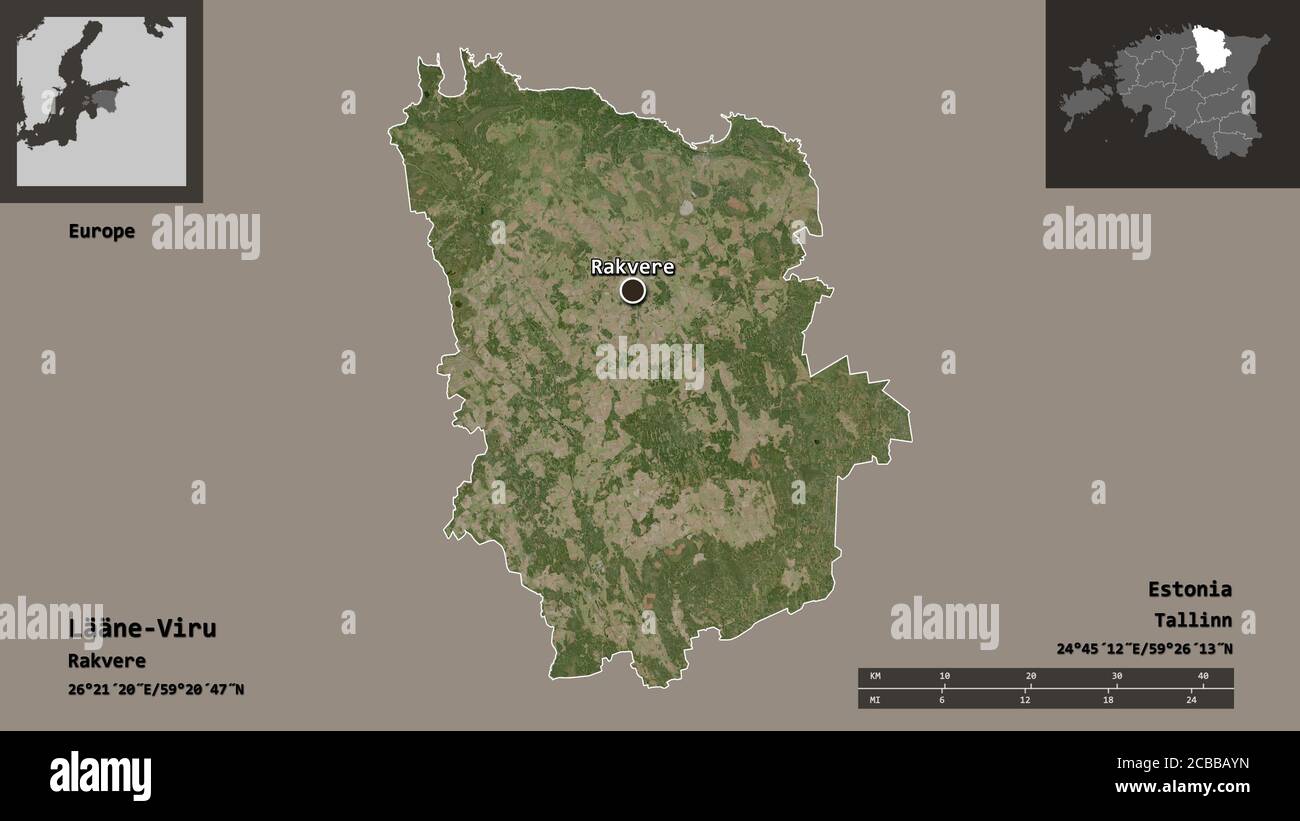 Shape of LääneViru, county of Estonia, and its capital. Distance scale