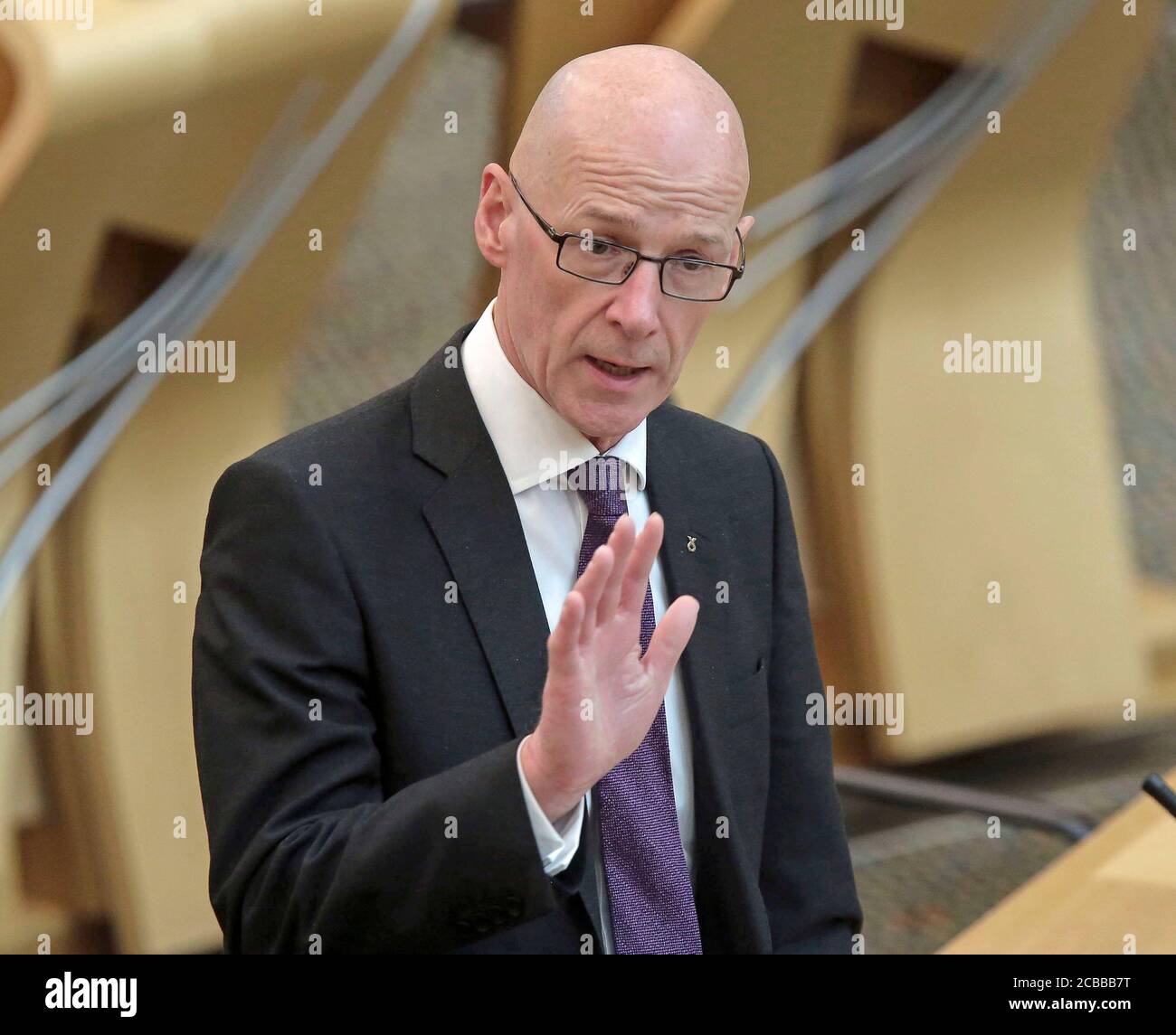 John Swinney MSP Education Secretary and Deputy First Minister at the Scottish Parliament at Holyrood in Edinburgh set out measures designed to reassure school staff as classes return. Stock Photo