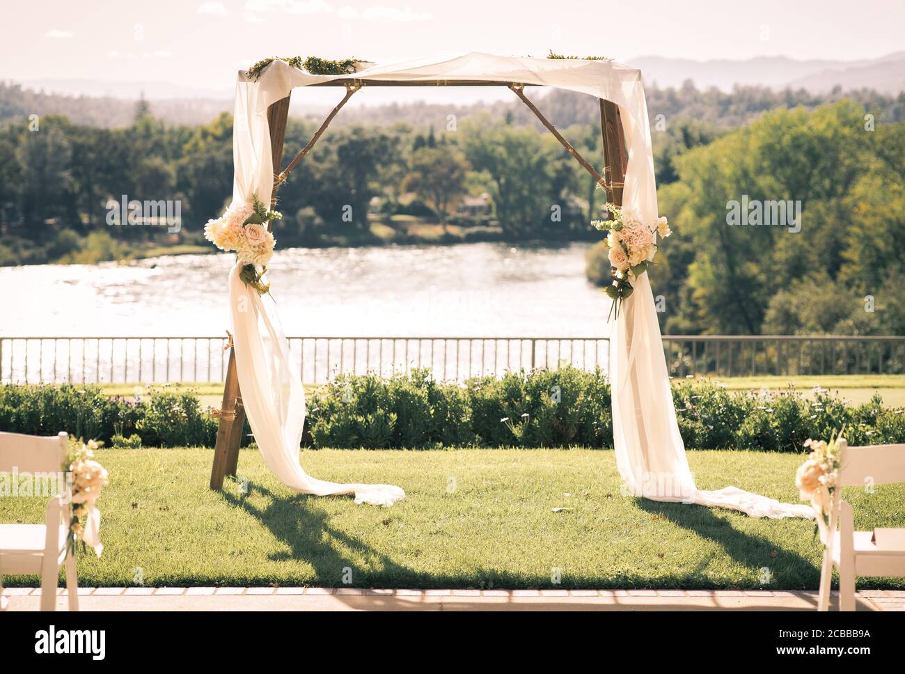 Wedding canopy overlooking the Sacramento River in Northern California Stock Photo