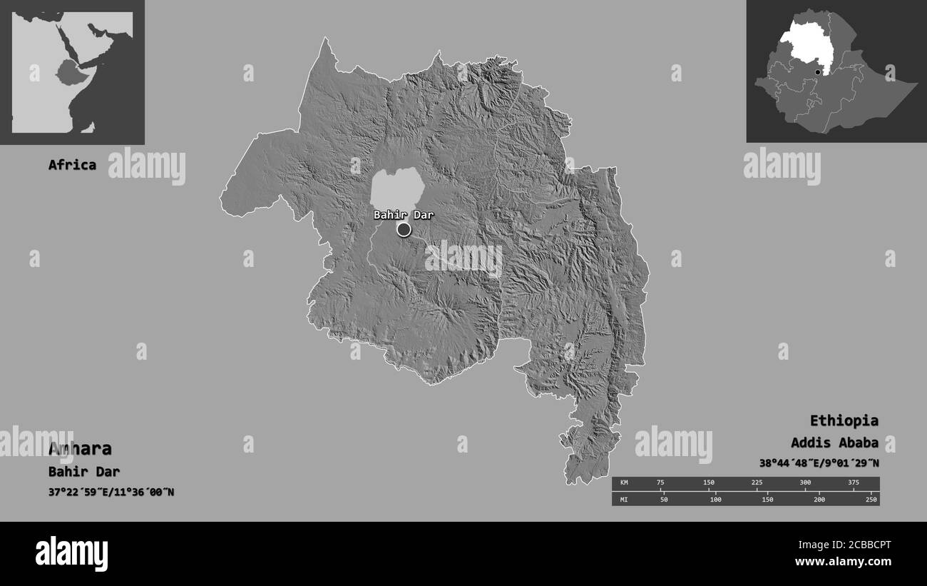 Shape of Amhara, state of Ethiopia, and its capital. Distance scale, previews and labels