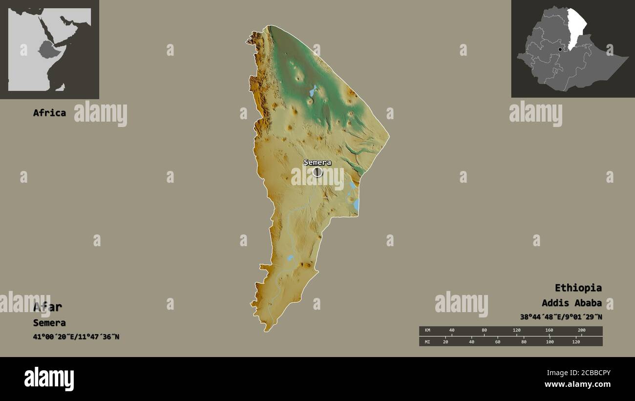 Shape of Afar, state of Ethiopia, and its capital. Distance scale, previews and labels