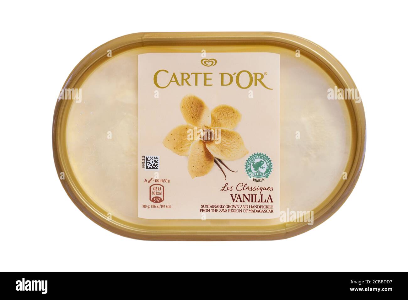tub of Carte D'Or Les Classiques Vanilla ice cream sustainably grown and handpicked from the Sava region of Madagascar isolated on white background Stock Photo
