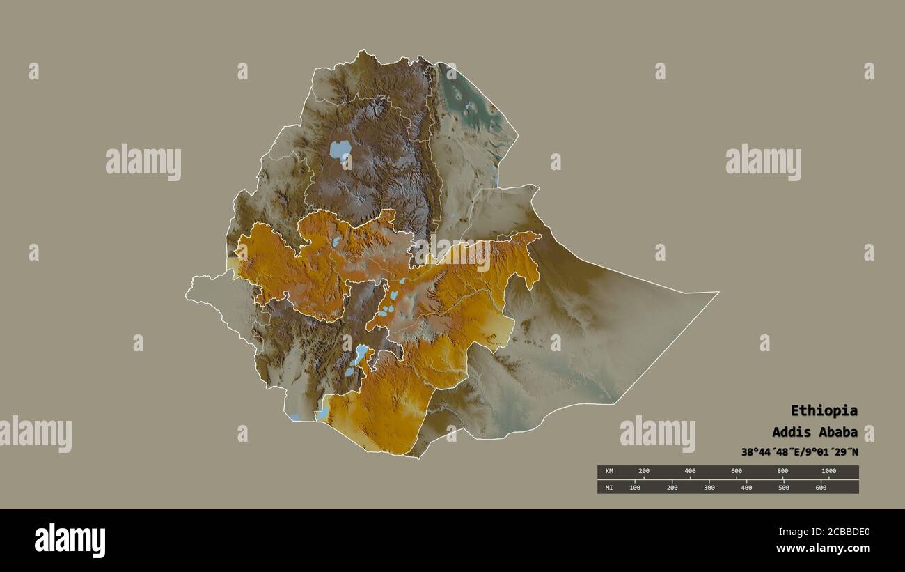 Desaturated shape of Ethiopia with its capital, main regional division and  the separated Oromia area. Labels. Topographic relief map. 3D rendering  Stock Photo - Alamy
