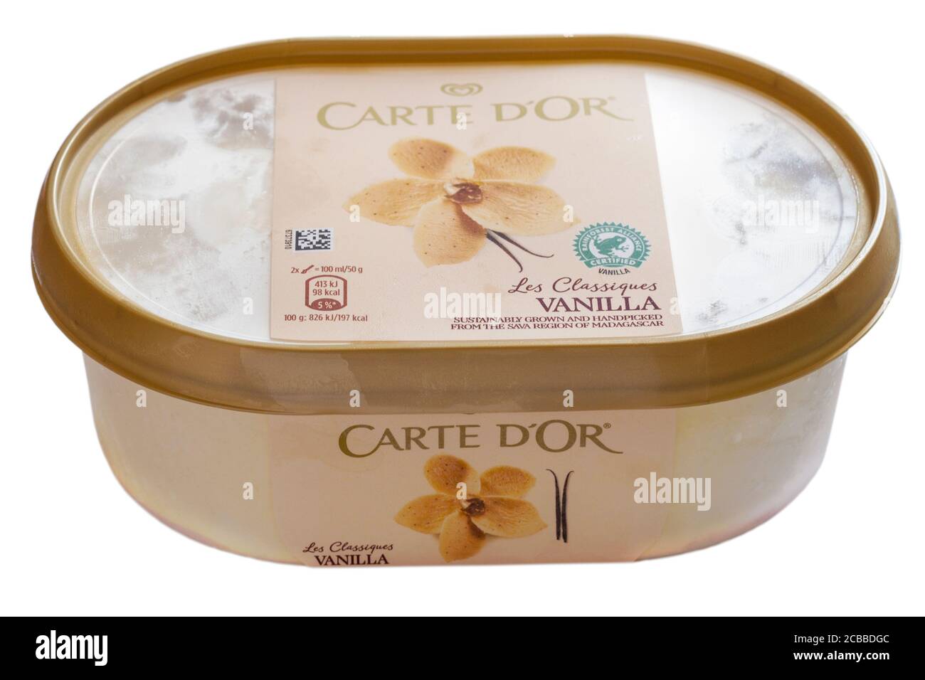 tub of Carte D'Or Les Classiques Vanilla ice cream sustainably grown and handpicked from the Sava region of Madagascar isolated on white background Stock Photo
