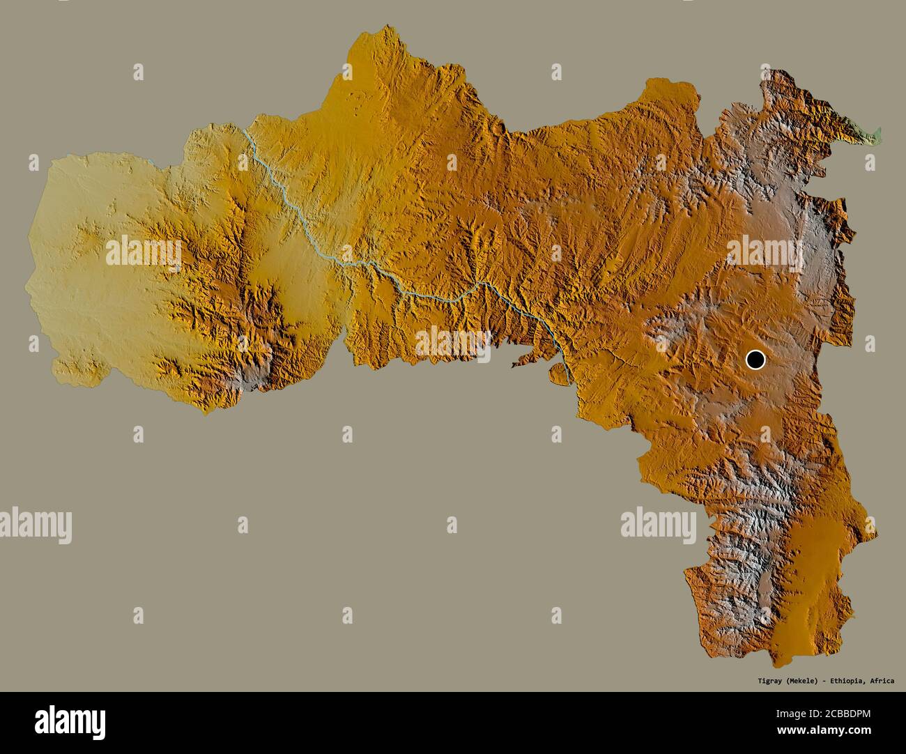 Shape of Tigray, state of Ethiopia, with its capital isolated on a 