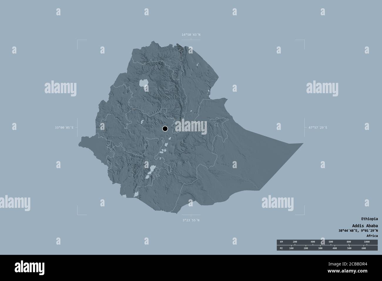 Area of Ethiopia isolated on a solid background in a georeferenced bounding box. Main regional