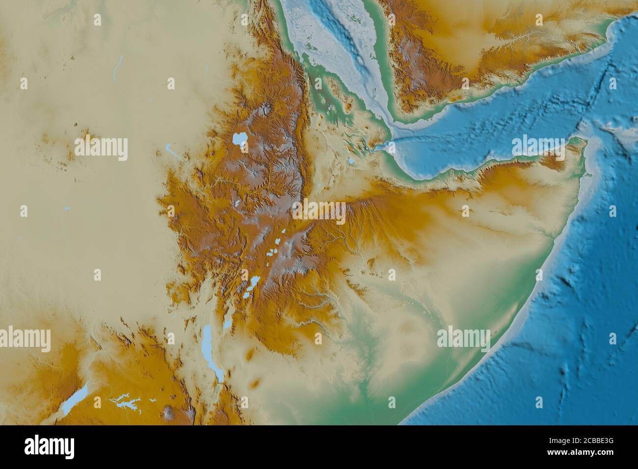 Extended area of Ethiopia. Topographic relief map. 3D rendering Stock