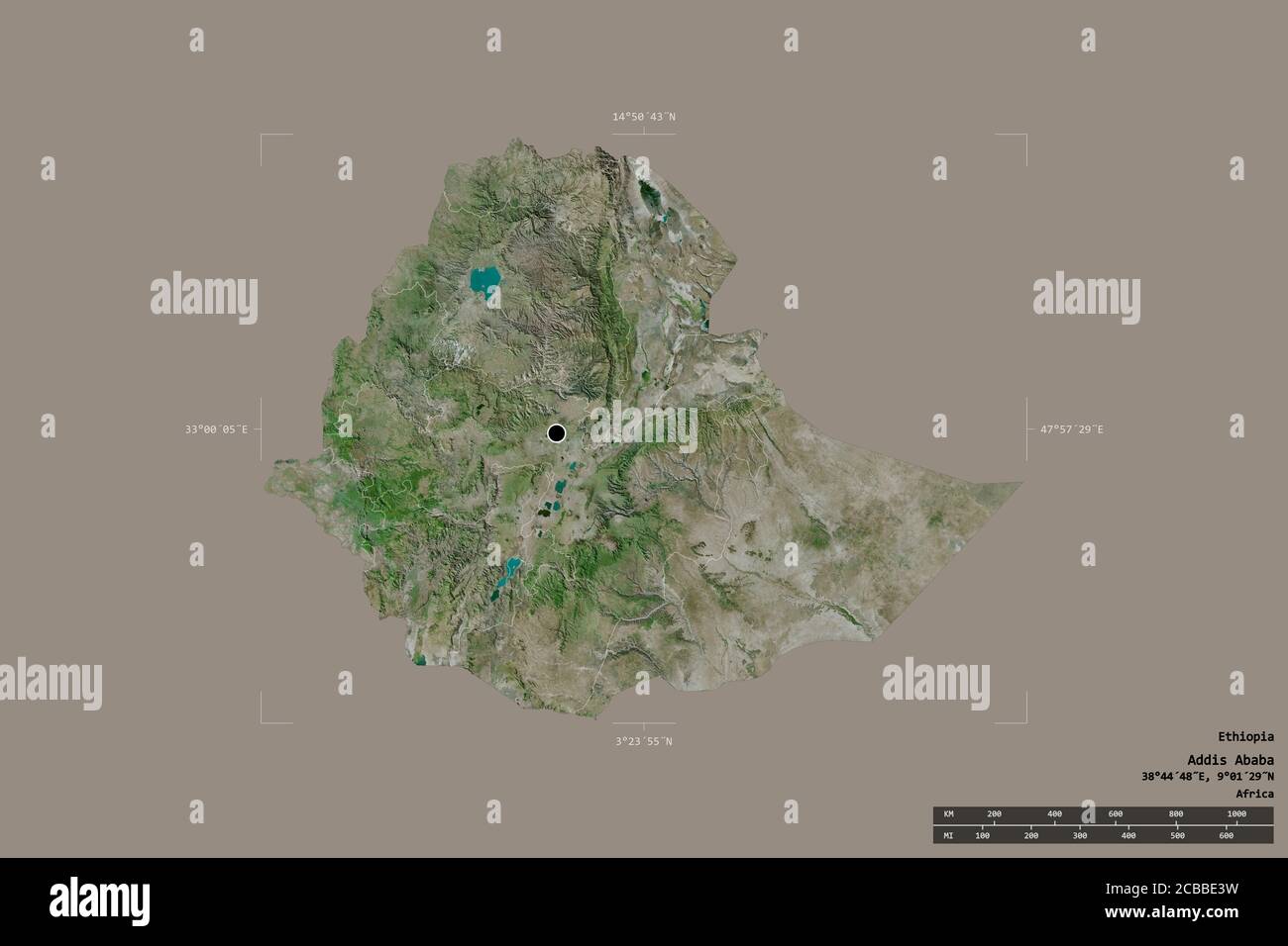 Area of Ethiopia isolated on a solid background in a georeferenced bounding box. Main regional