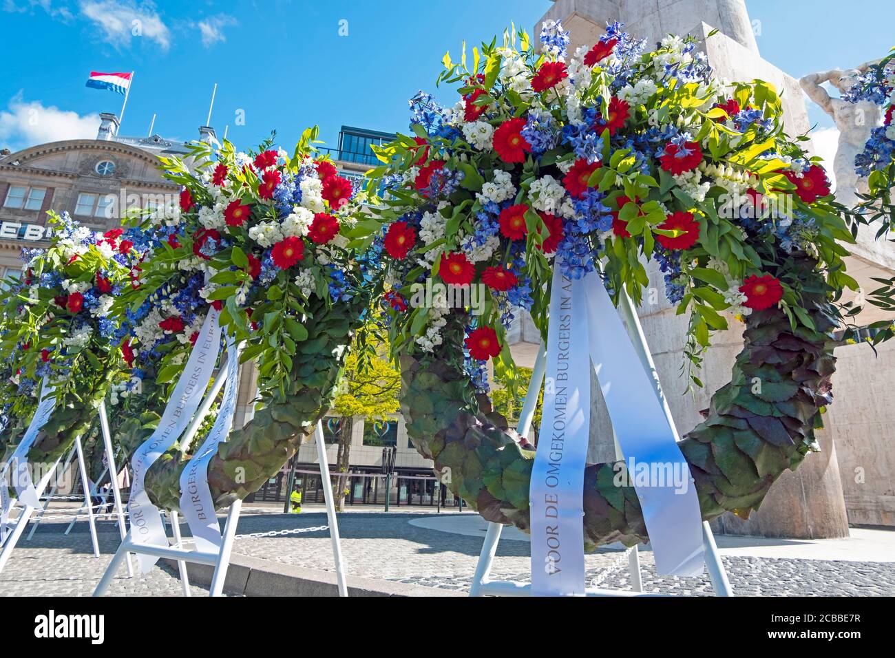 Amsterdam, Netherlands - May 5, 2020: Wreaths at the National Monument on the occasion of remembrance of the worldwar II in Amsterdam the Netherlands Stock Photo