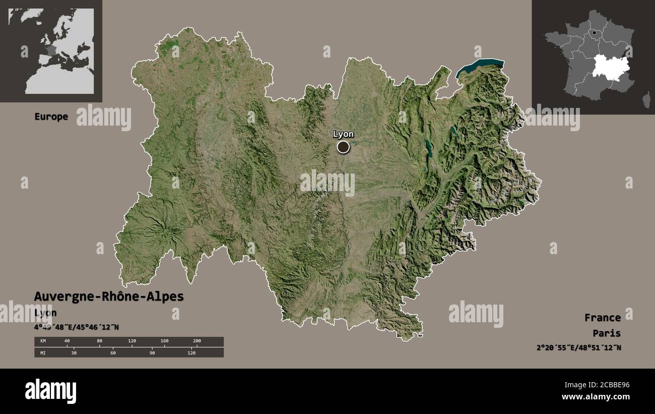 Shape of Auvergne-Rhône-Alpes, region of France, with its capital isolated  on white background. Bilevel elevation map. 3D rendering Stock Photo - Alamy