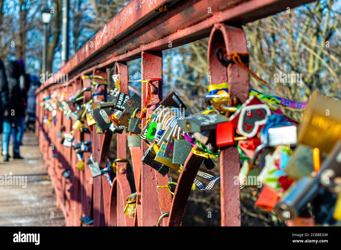 KYIV, UKRAINE - JANUARY 12,2020: Parkovy Bridge with lot of love locks designed by Paton in Kyiv, Ukraine on January 12, 2020. Stock Photo