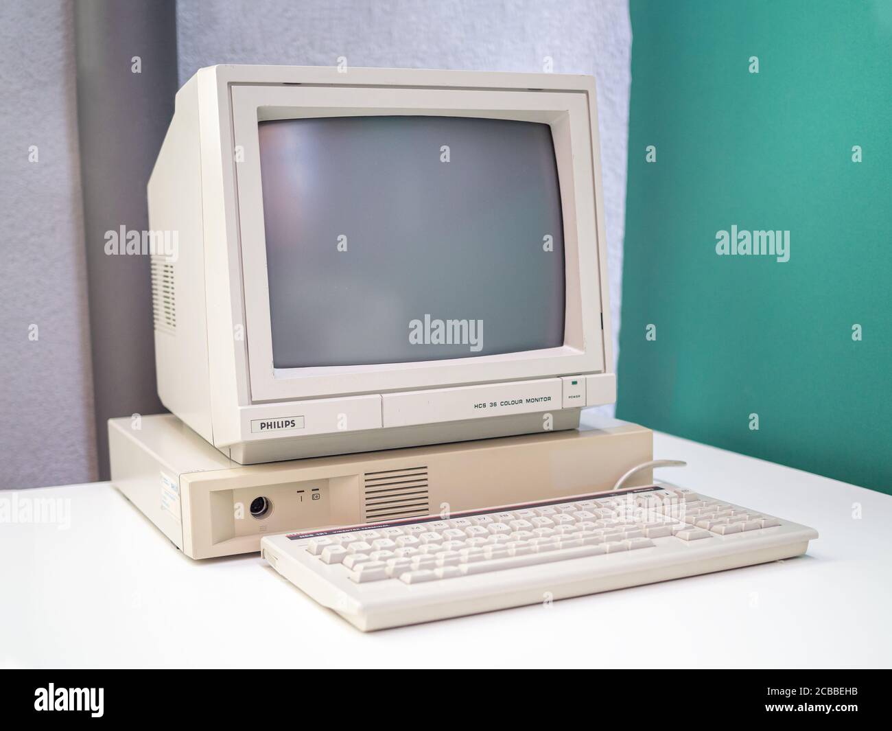 TERRASSA, SPAIN-AUGUST 9, 2020: 1987 Philips HCS 121 Personal Computer (Videotext Terminal) in the National Museum of Science and Technology of Catalo Stock Photo