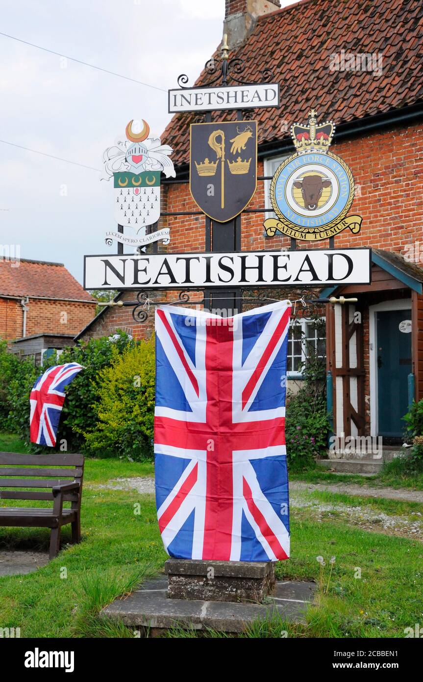 Flags flying for the 75th anniversary of VE day (8th May 2020) in the village of Neatishead, Norfolk Stock Photo