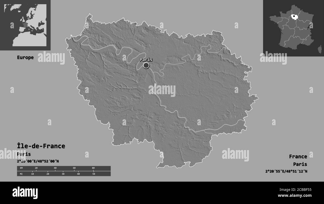 Shape of Île-de-France, region of France, and its capital. Distance ...