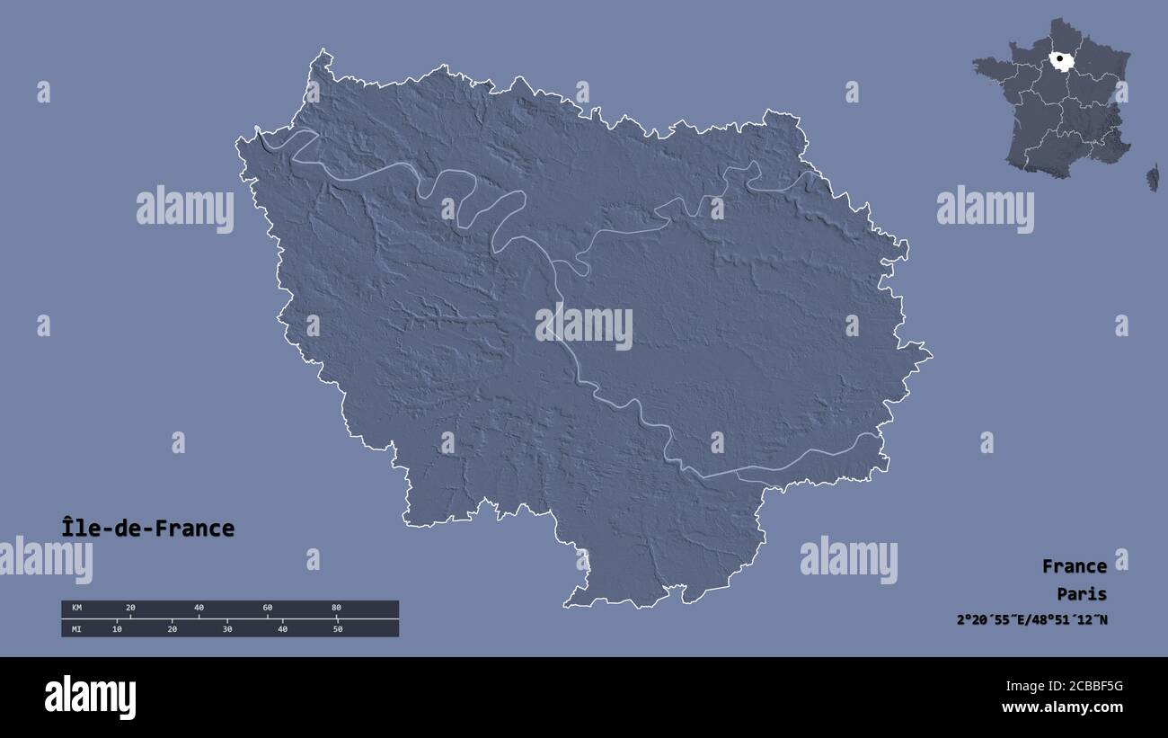 Shape of Île-de-France, region of France, with its capital isolated on solid background. Distance scale, region preview and labels. Colored elevation Stock Photo