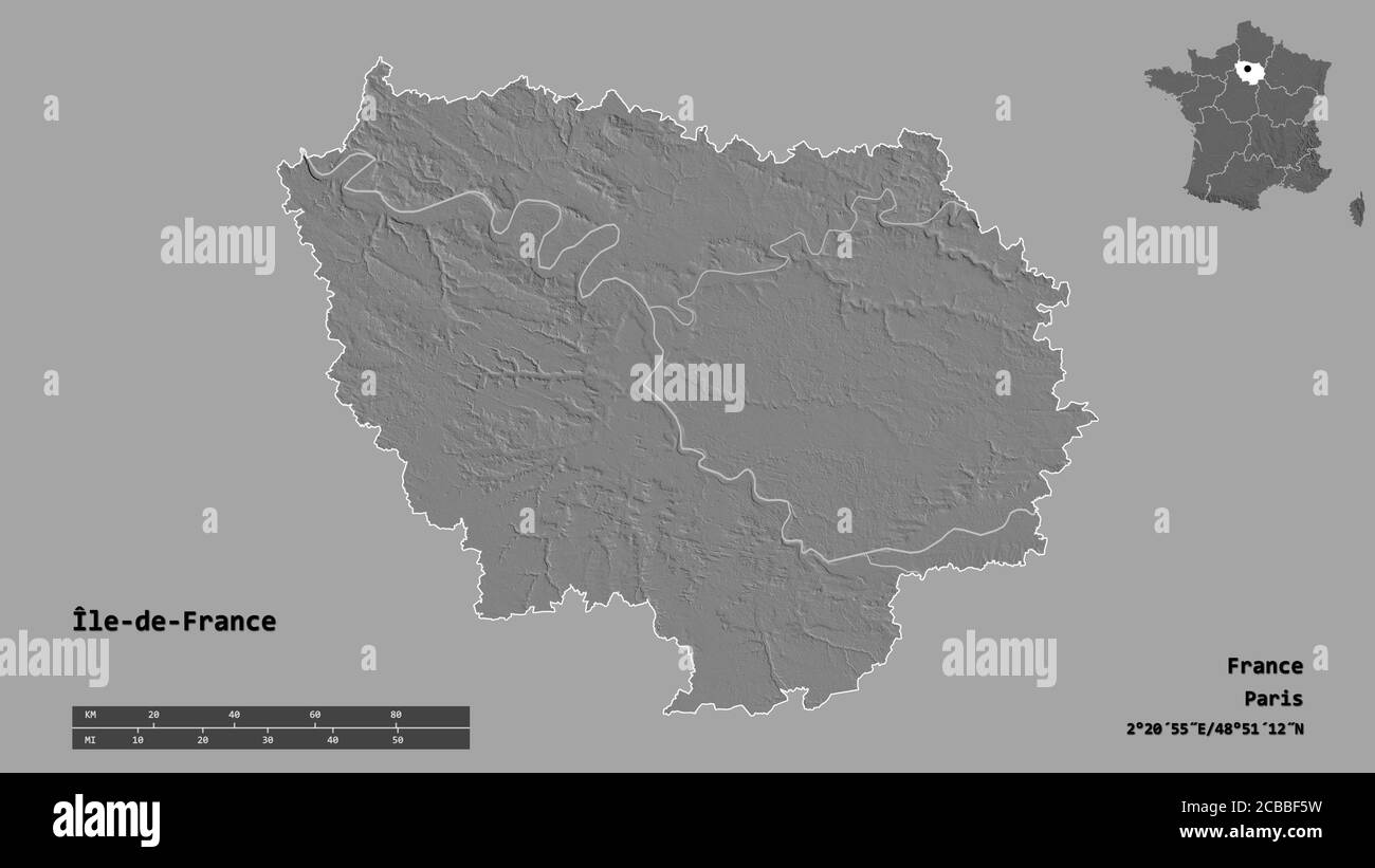 Shape of Île-de-France, region of France, with its capital isolated on solid background. Distance scale, region preview and labels. Bilevel elevation Stock Photo