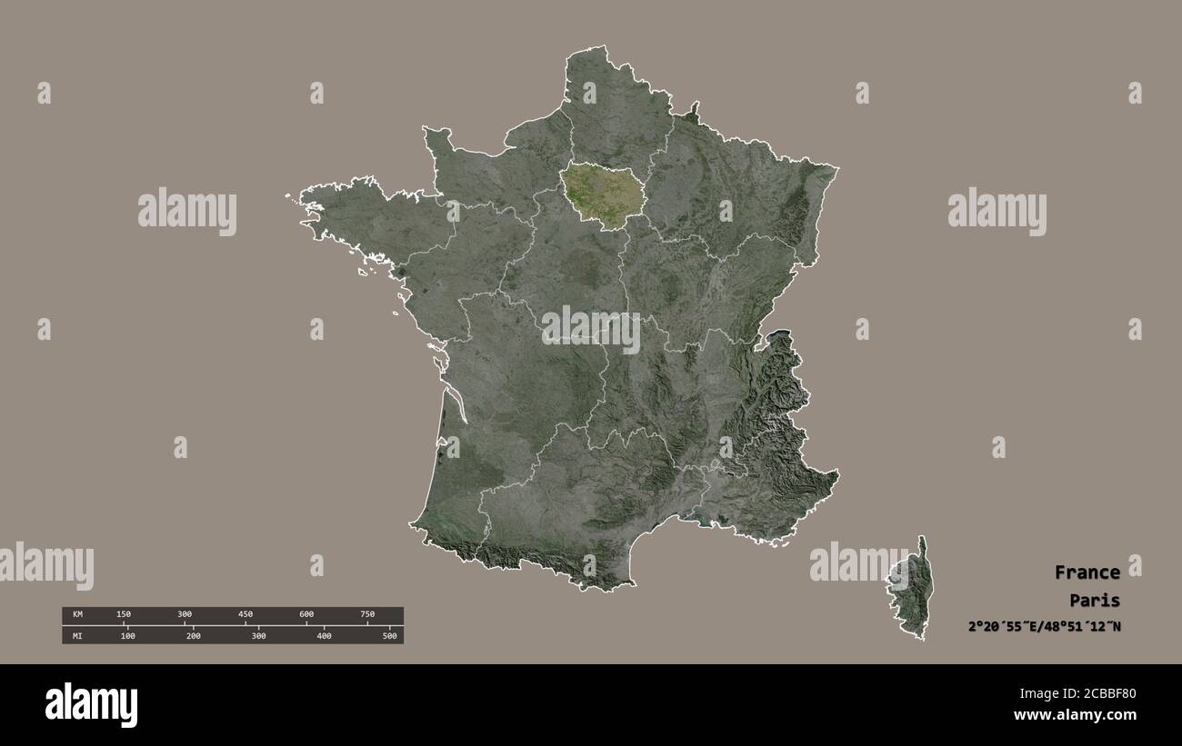 Desaturated shape of France with its capital, main regional division and the separated Île-de-France area. Labels. Satellite imagery. 3D rendering Stock Photo