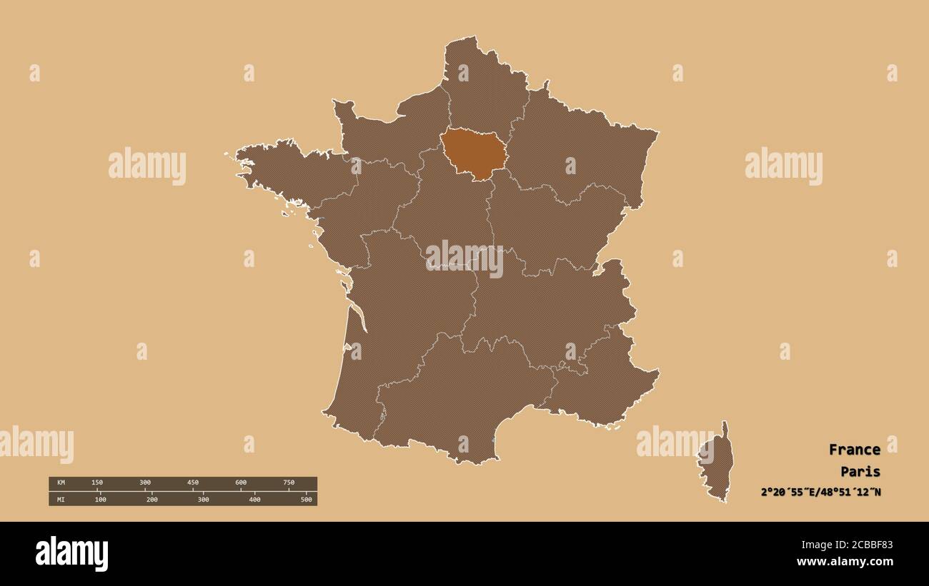 Desaturated shape of France with its capital, main regional division and the separated Île-de-France area. Labels. Composition of patterned textures. Stock Photo
