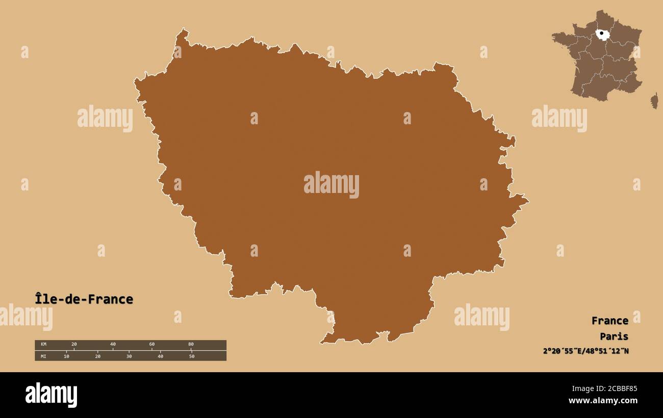 Shape of Île-de-France, region of France, with its capital isolated on solid background. Distance scale, region preview and labels. Composition of pat Stock Photo