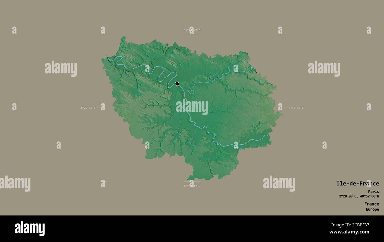 Area of Île-de-France, region of France, isolated on a solid background in a georeferenced bounding box. Labels. Topographic relief map. 3D rendering Stock Photo