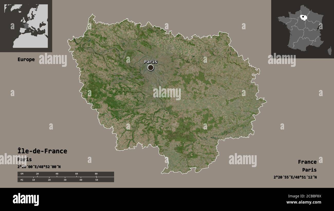 Shape of Île-de-France, region of France, and its capital. Distance ...
