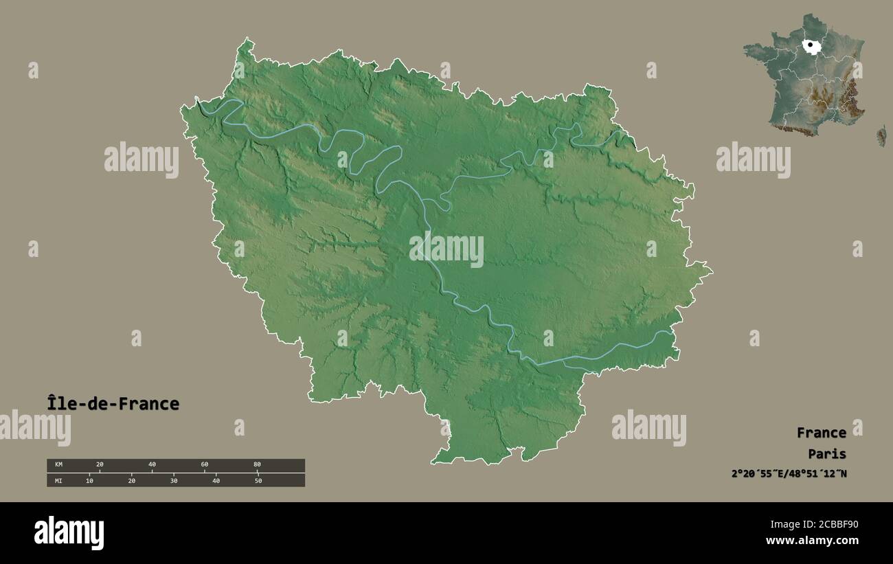 Shape of Île-de-France, region of France, with its capital isolated on solid background. Distance scale, region preview and labels. Topographic relief Stock Photo
