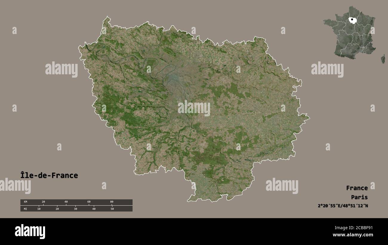 Shape of Île-de-France, region of France, with its capital isolated on solid background. Distance scale, region preview and labels. Satellite imagery. Stock Photo