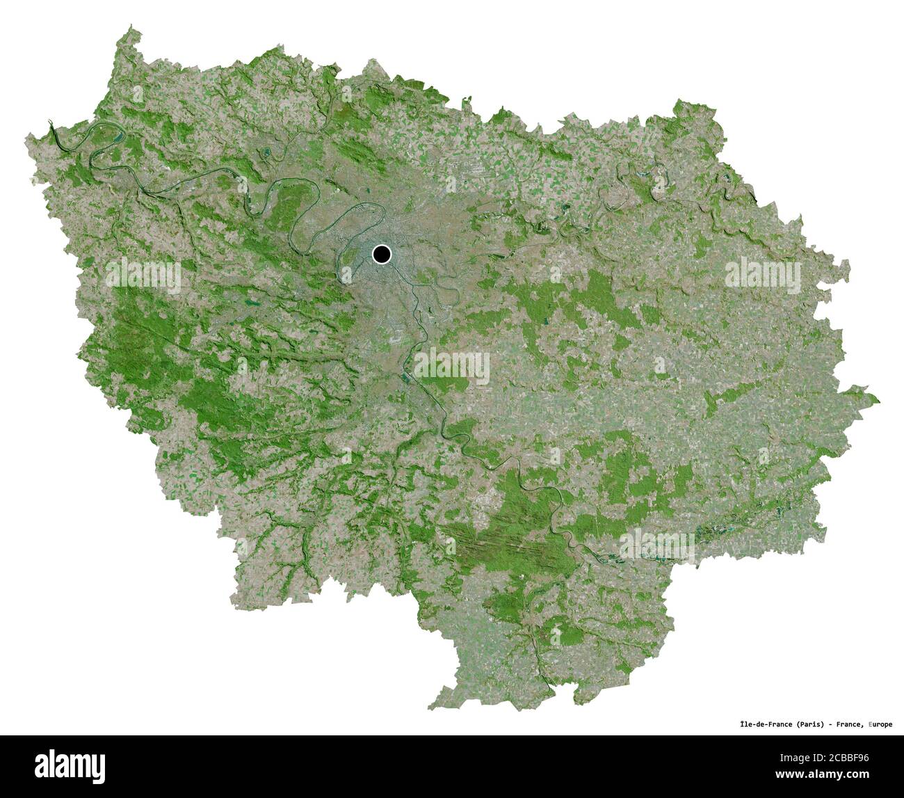 Shape of Île-de-France, region of France, with its capital isolated on white background. Satellite imagery. 3D rendering Stock Photo