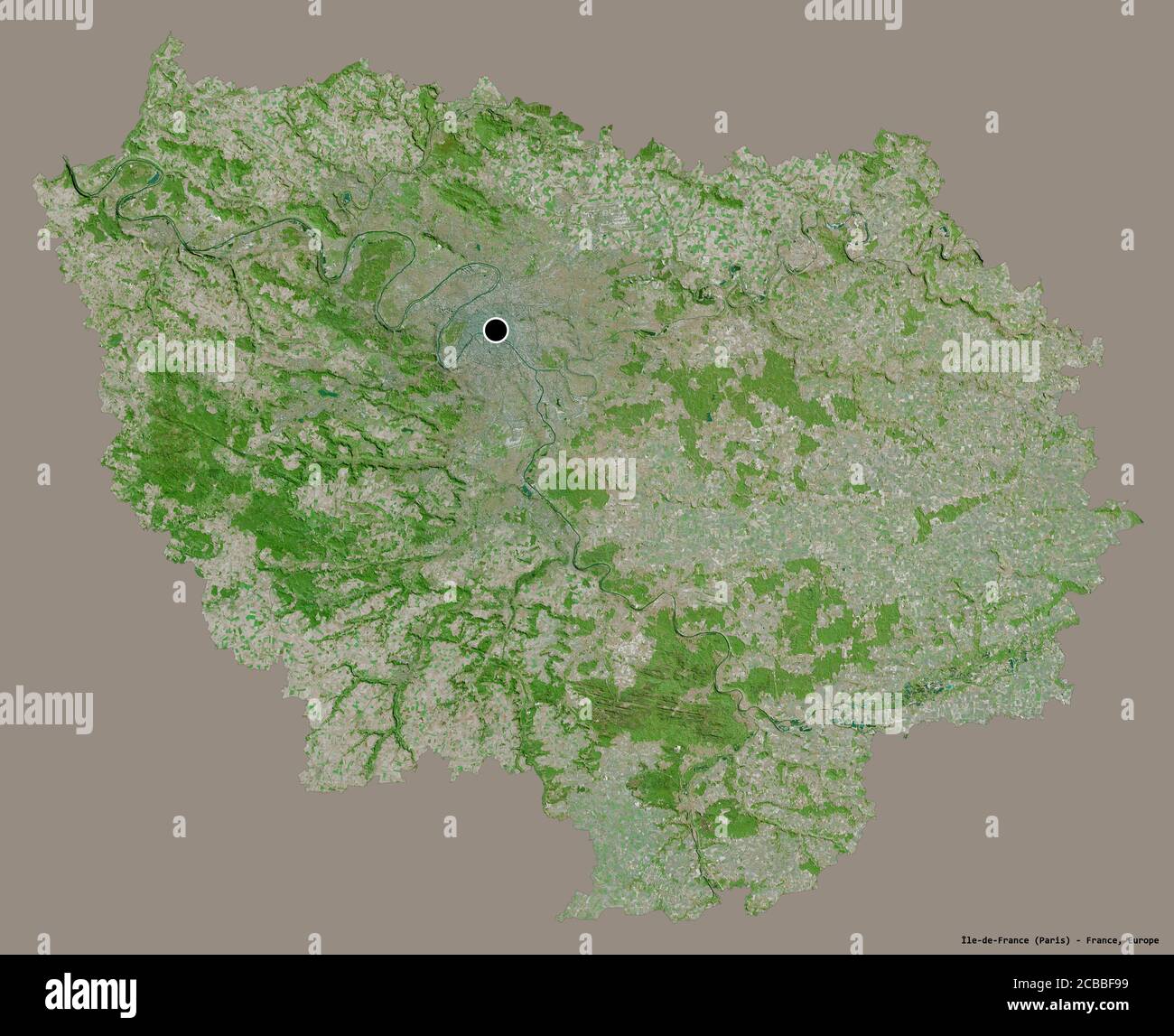 Shape of Île-de-France, region of France, with its capital isolated on a solid color background. Satellite imagery. 3D rendering Stock Photo