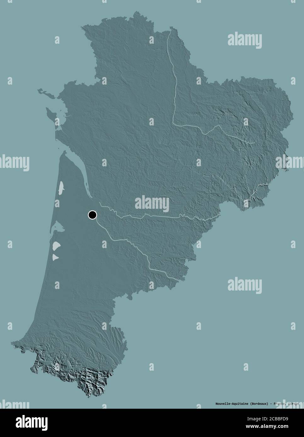 Shape of NouvelleAquitaine, region of France, with its capital isolated on a solid color