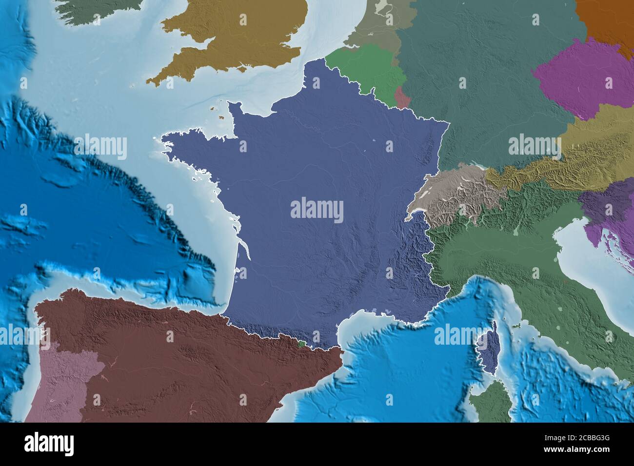 Extended area of outlined France. Colored elevation map. 3D rendering ...
