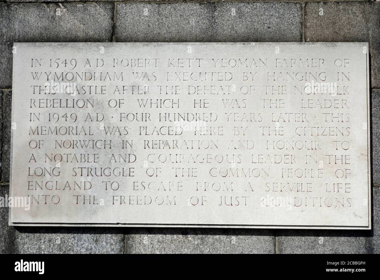 Memorial stone to Robert Kett who was hung at Norwich castle in 1549 Stock Photo