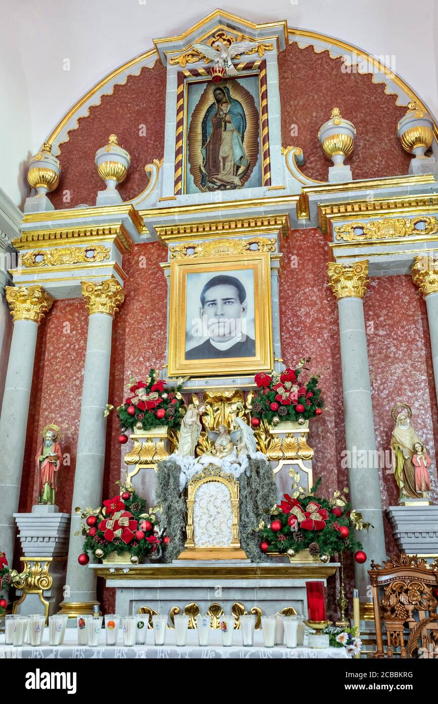 The chapel where Saint Toribio Romo was the parish priest in Santa Ana de Guadalupe, Jalisco State, Mexico. Father Toribio was a Mexican Catholic priest and martyr who was killed during the anti-clerical persecutions of the Cristero War. Stock Photo