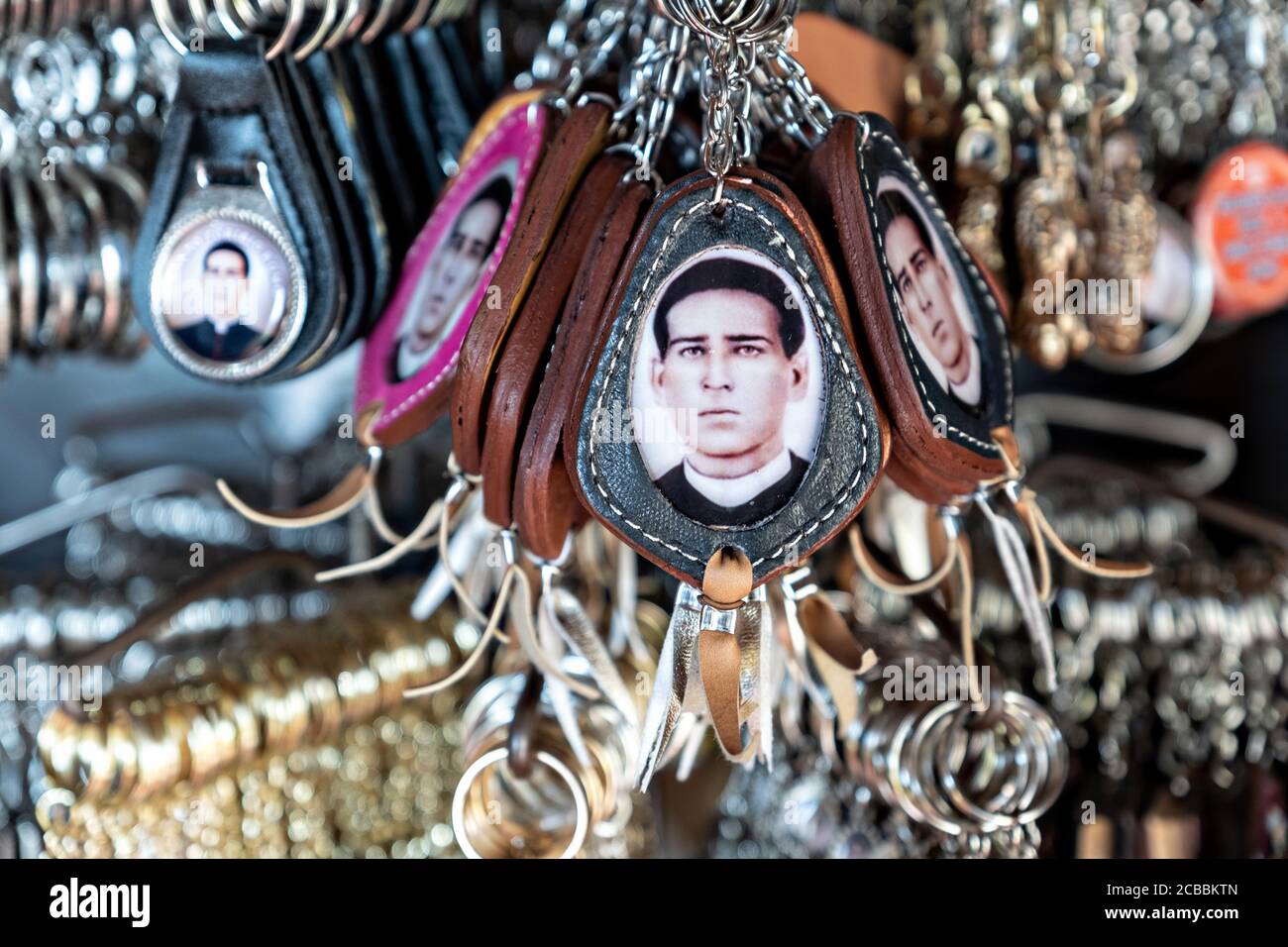 Souvenirs of Saint Toribio Romo at the Sanctuary Santa Ana de Guadalupe in Jalisco State, Mexico. Father Toribio was a Mexican Catholic priest and martyr who was killed during the anti-clerical persecutions of the Cristero War. Stock Photo